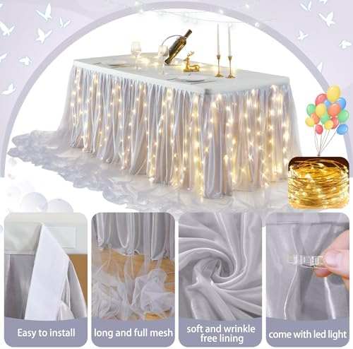 PARTISKY Gray Tulle Tutu Table Skirt for Rectangle Tables or Round Table,Led Light String Table Cloth for Wedding Baby Shower Birthday Party Dessert/Cake Tables - Image 5