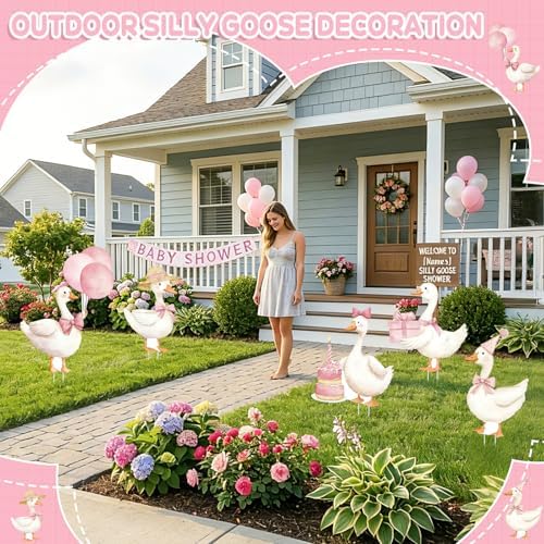 5Pcs Silly Goose Baby Shower Decorations, Pink Large Goose Cardboard Cutout Standup, Geese Birthday Party Sign for Photo Booth Props Backdrop Garden Entrance Decor Cartoon Party Supplies - Image 3