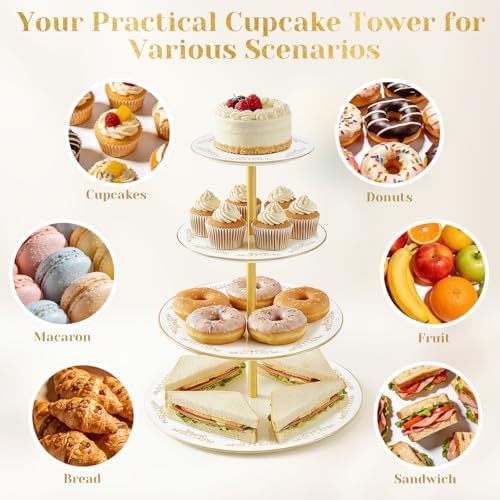 DUJUST 4-Tier Cupcake Stand Tower, British Style Porcelain Tiered Tray with Golden Trim & Pattern, Food Grade Dessert Display Stand, Beautiful Gift for Tea Party & Home Décor - White - Image 4