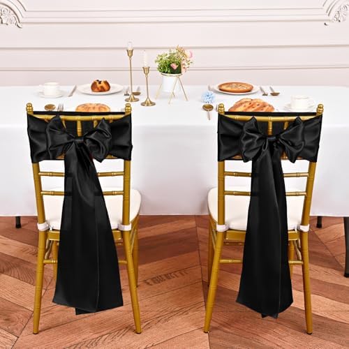 YMHPRIDE 60 PCS Black Satin Chair Sashes, 7x108 Inch Ties Chair Bows - Image 4