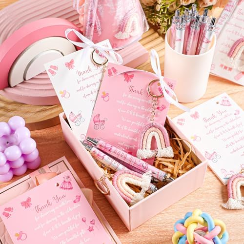 Halloscume 20 Girls and Boys Baby Shower Favors Gifts for Guests Baby Shower Pens Boho Keychain Thank You Cards for Gender Reveal Party Favor(Pink) - Image 4