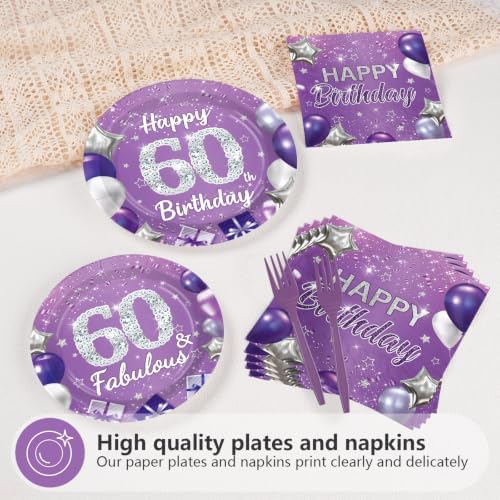 96Pcs Purple and Silver 60th Birthday Party Decorations for Women Serves 24 - Image 3