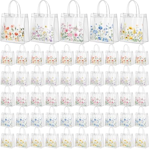 Canchiing 50 Pcs Wildflower Clear Gift Bags with Handles Reusable Spring Flower Treat Bags PVC Gift Wrap Totes for Floral Themed Baby Shower Wedding Birthday Party Favors, 7.9 x 7.9 x 3.1 by Unknown