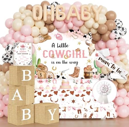Costova Cowgirl Baby Shower Decorations - 108PCs A Little Cowgirl is On The Way Party Supplies with Backdrop, Balloon, Tablecloth, Sash and Badge for Western Wild West Rodeo Girl by Unknown