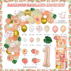 130 PCs One Sweet Peach Birthday Decorations, Fiesec Peach 1st Party Decorations Backdrop Balloon Garland Leaves Monthly Photo Highchair Banner Cake Topper Box Cutout Crown Poster Pastel Peach - Image 4