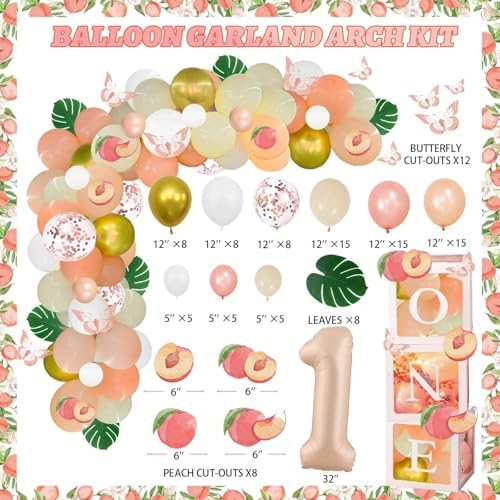 130 PCs One Sweet Peach Birthday Decorations, Fiesec Peach 1st Party Decorations Backdrop Balloon Garland Leaves Monthly Photo Highchair Banner Cake Topper Box Cutout Crown Poster Pastel Peach - Image 4