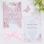 50pcs Pink Quinceanera Invitations Wedding Invites with Butterfly Ribbons - Image 4