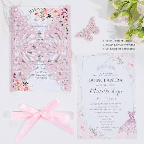 50pcs Pink Quinceanera Invitations Wedding Invites with Butterfly Ribbons - Image 4
