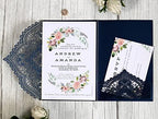 20Pcs Laser Cut Pocket Wedding Invitation Covers, 4.9×7 Inch Trifold Lace Floral Invitation Sleeves with Envelopes (Navy Blue, 20 Pcs Customized Printed) - Image 2