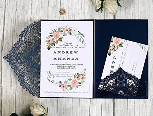 20Pcs Laser Cut Pocket Wedding Invitation Covers, 4.9×7 Inch Trifold Lace Floral Invitation Sleeves with Envelopes (Navy Blue, 20 Pcs Customized Printed) - Image 2