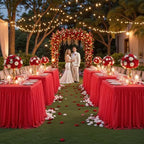 Red Tablecloth Rectangle 8 Foot Fitted Stretch Elastic Tulle Ruffle Tablecloths Rectangular Spandex Table Covers 8ft Birthday Baby Shower Wedding Party Table Cloths with Skirt - Image 3