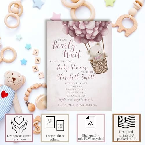Amanda Creation Teddy Bear Baby Shower Invitations, 20 Personalized 5x7 Baby Shower Invitations for Girl with Envelopes, Pink Bear Balloon Design - Image 2