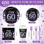 Pickmesh 400 Pcs 60th Birthday Party Supplies Purple Black Plates Serve 50 - Image 3