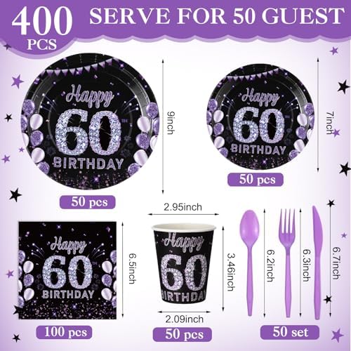 Pickmesh 400 Pcs 60th Birthday Party Supplies Purple Black Plates Serve 50 - Image 3