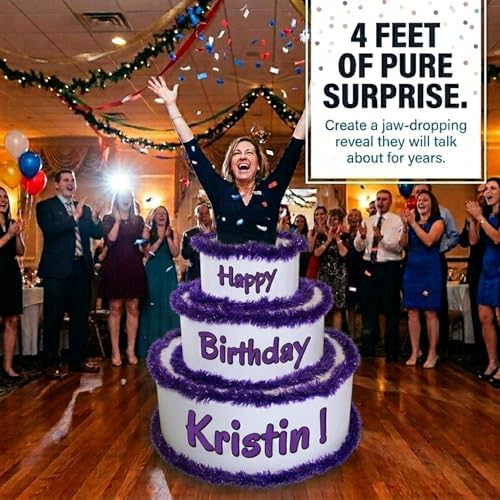 Anderson's White & Purple Personalized Pop-Out Birthday Cake, Life-Size Faux Cake with Fun Font, Custom Name, Surprise Reveal Prop for Milestone Parties, Photo Ops, Store or Business Events - Image 3
