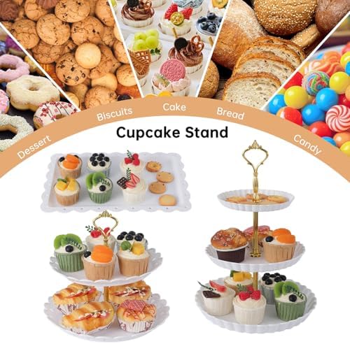 Garvee 14 Pcs Dessert Table Display Set, Thick Plastic Cupcake Stands, 4 x Three-Tier and 4 x Two-Tier Cupcake Stands, 6 x Appetizer Trays, Ideal for Tea Party, Wedding, Birthday, Baby Shower - Image 5