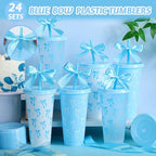 Skylety 24 Blue Bow Plastic Cups with Lid Straw and Ribbon - Image 4