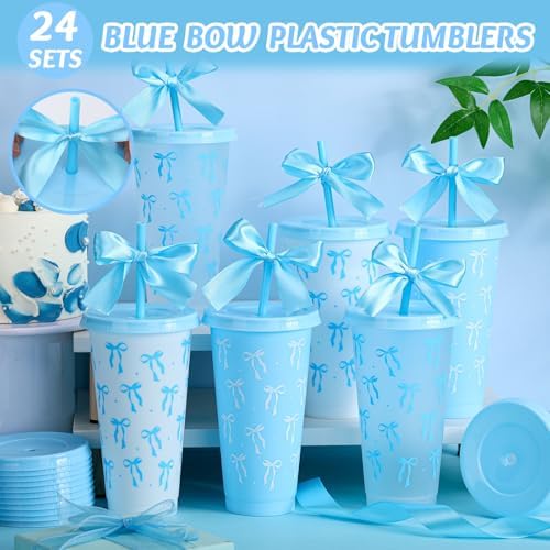 Skylety 24 Blue Bow Plastic Cups with Lid Straw and Ribbon - Image 4