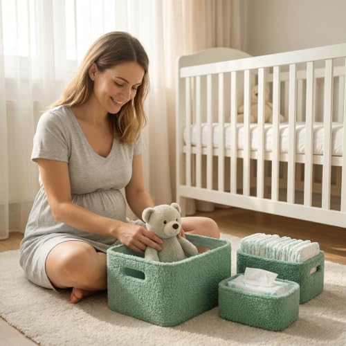 Boucle Nursery Storage Baskets Set of 3, Decorative Nesting Fabric Bins for Shelves, Changing Tables, Dressers and Closets, Baby Toys, Diapers, Clothes, Books, Blankets, Sage Green - Image 6