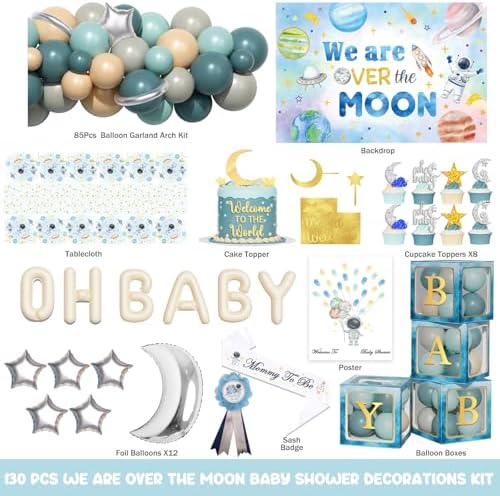 Party Inspo Over The Moon Baby Shower Decorations, Moon and Stars Baby Shower Decor, Space Astronaut Themed Party Supplies Backdrop Balloon 124 PCs Space Themed Party Supplies - Image 2