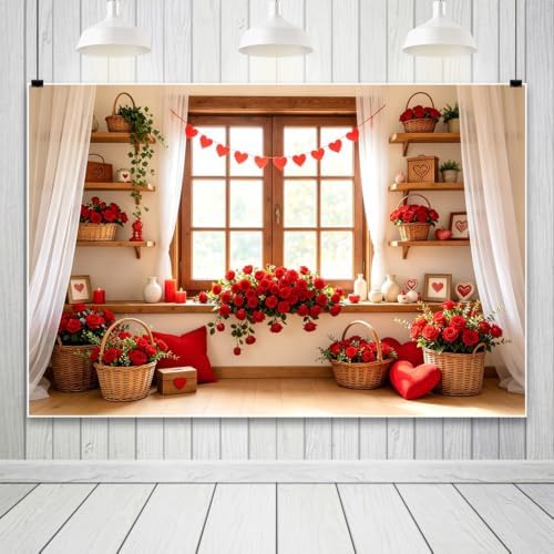 12x10ft Romantic Valentines Day Photography Backdrop Window Scene Red Rose Flower Wicker Basket Heart Garland White Curtain Wooden Shelves Photo Background for Couple Portrait Photo Booth - Image 2