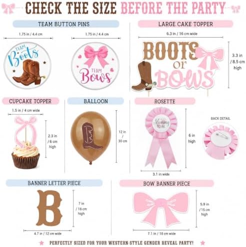 92Pcs Boots and Bows Gender Reveal Decorations Include Banner-Balloons-Cake Topper-Cupcake Toppers-Aluminum Film Balloons Gender Reveal Pins for Boots and Bows Party Decorations - Image 3