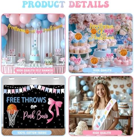 Free Throws or Pink Bows Gender Reveal Decorations, Baby Boy or Girl Gender Reveal Decorations, Basketball or Bows Party Décor Backdrop Balloon Banner Tablecloth Cake Cupcake Topper Box Sash - Image 4