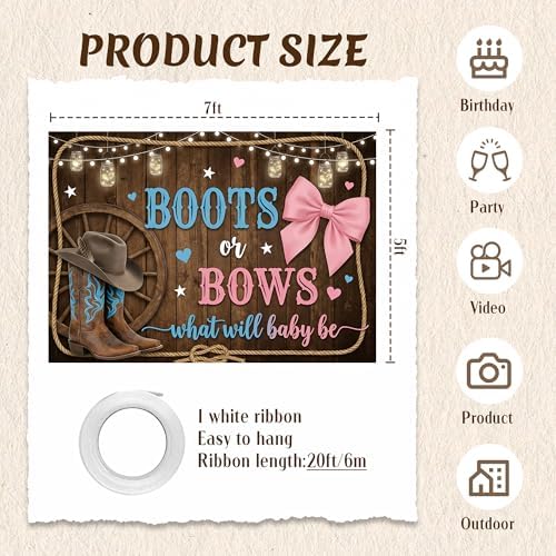 Boots or Bows Gender Reveal Decorations Kit, 7x5ft Polyester Backdrop - Image 3