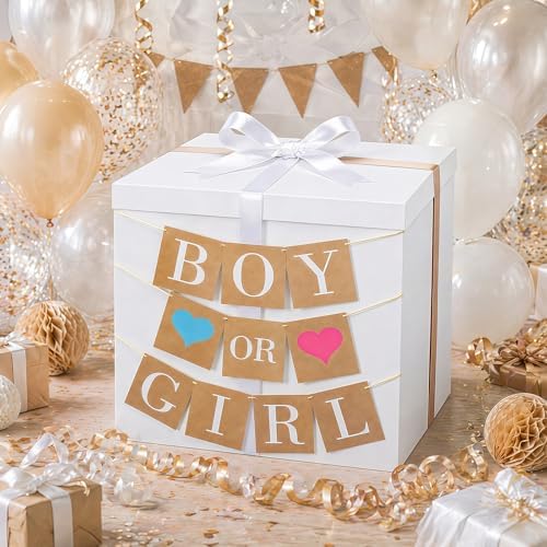 VercanMonth 28 Inches Giant Gender Reveal Gift Box with Lid Kit Extra Large White Gift Box with Boy or Girl Party Banner and White Gold Ribbons for Gender Reveal Birthday Party Baby Shower Decor - Image 4