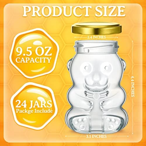 Patelai 24 Pack 9.5 oz Glass Bear Shaped Honey Jars with Lids Reusable Small Tilted Bear Glass Bottles Containers Dispenser for Candies, Birthday Wedding Party Favors(Classic, Gold) - Image 2