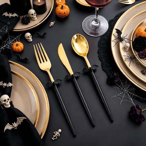 Supernal 102pcs Heavy Duty Black and Gold Plastic Silverware Set, 34 Guests - Image 2