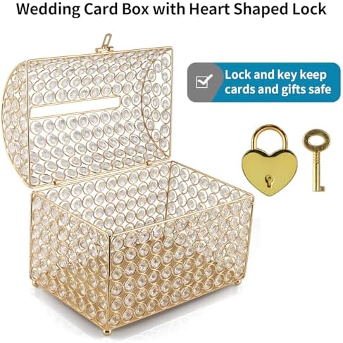 MDLUU Large Wedding Card Box, Treasure Chest Wedding Money Holder with Heart Shaped Lock, Crystal Bead Card Receiving Box for Wedding, Reception, Birthday Party - Image 4