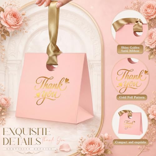 Feifeiya 30 Pcs Thank You Gift Bags with Ribbon Handles 7.87 x 3.54 x 7.09 Inch Paper Candy Gift Bags with Gold Foil Printed for Appreciation Birthday Wedding Bridal Baby Shower Party Favors(Pink) - Image 3