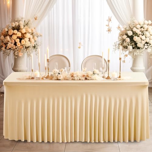 Wish Care 6 Pack Stretch Spandex Table Clothes for 8 Foot Rectangle Tables, 8FT Wrinkle Free Fitted Tablecloths Ruffles Design Table Cover for Party, Banquet, Wedding and Events - Image 4