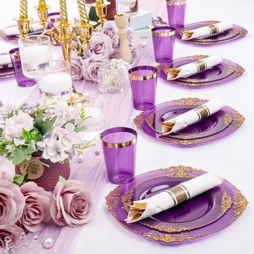 Hioasis 210 Pcs Purple Gold Plates for Party - Image 2