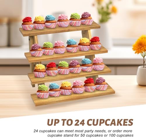 Wooden Cupcake Stand for 24 Cupcakes, 4 Tier Cupcake Display Stand Rustic Tiered Display Stand Dessert Table Display Set Cupcake Stand for Baby Shower Decorations Birthday Party Supplies Perfume Display(Pine Wood 2Pcs) - Image 6