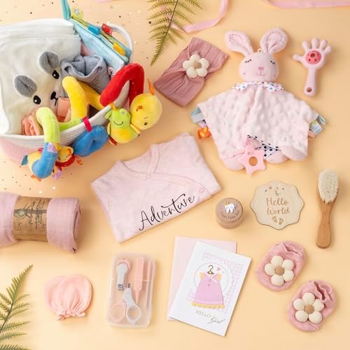 Baby Shower Gifts for Girls, 24 Piece Deluxe Baby Shower Gift Basket - Baby Girl Gift Basket with Swaddle, Rattle, Bath Towel, Brush, Car Seat Activity Toy & Milestone Cards for New Mom(Pink) - Image 2