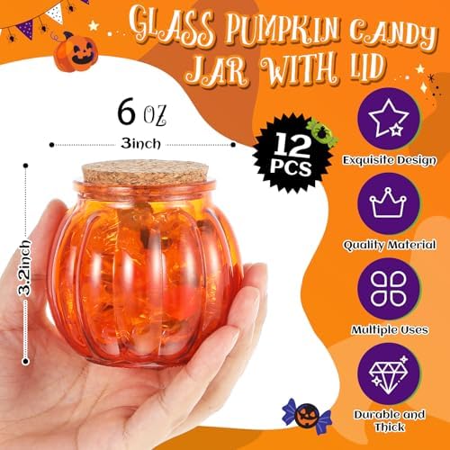 Vesici 12 Pcs Glass Pumpkin Candy Jars with Lid, Halloween Autumn, Orange - Image 2