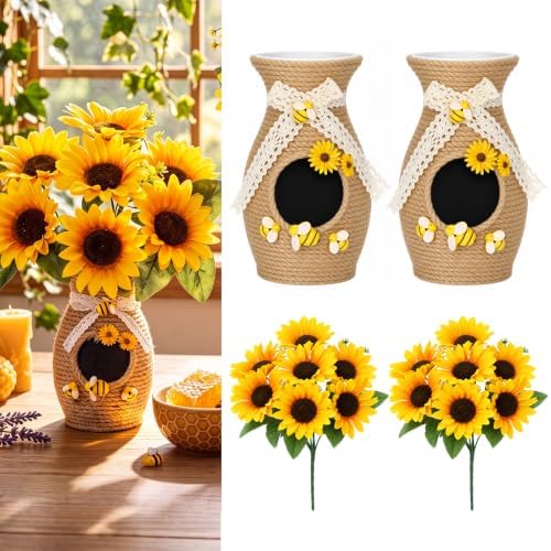 2 Set Honeybee Beehive Vase Decor Include Sunflower, Yellow by Ferrochef