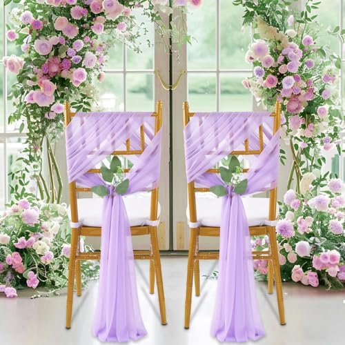 QueenDream Wedding Aisle Chair Sashes Decorations 36 Pieces Light Purple Soft Chair Sashes Tulle Chairs Covers with Artificial Eucalyptus - Image 4