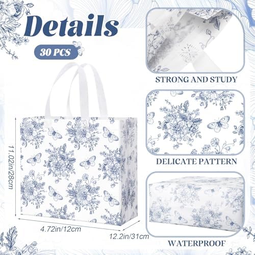 Abbylike 30 Pcs Blue Floral Gift Bags Reusable Large Tote with Handle - Image 2