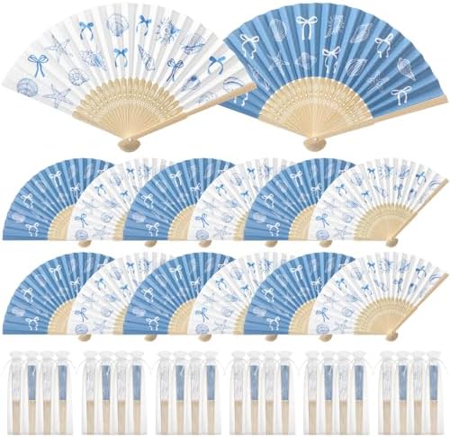 Wenqik 24 Sets Coastal Seashell Folding Fans Bulk with Organza Bags Blue Bow Beach Paper Hand Fans for Wedding Last Toast on The Coast Baby Shower Summer Ocean Under The Sea Party Favors Supplies by Wenqik