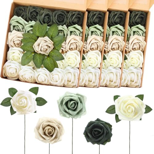 100 Pcs Artificial Foam Rose Flower Faux Bouquet Wedding Fake Rose Gift for Mother's Day Women DIY Bridal Shower Party Table Birthday Home Spring Decor (Shades of Emerald) by Luinabio