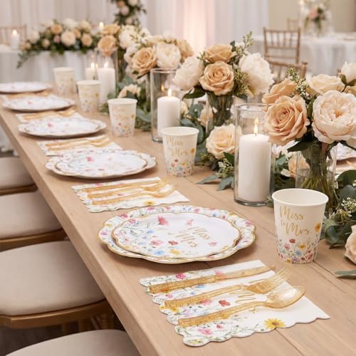 Funnymoom 400 Pcs Wildflower Bridal Shower Party Supplies for 50 Guests Floral Miss to Mrs Paper Plates and Napkins Knives Spoon Fork Cup Disposable Dinner for Women Wedding Engagement Party Favor - Image 6