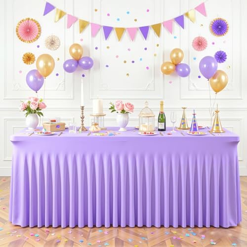 Purple Table Cloth for 6 Foot Rectangle Tables Fitted Stretch Spandex Table Cover with Skirt 6ft Baby Shower Birthday Party Banquet Ruffle Lavender Tablecloth Wedding Table Cloths Desk Skirt, 4 Pack - Image 7