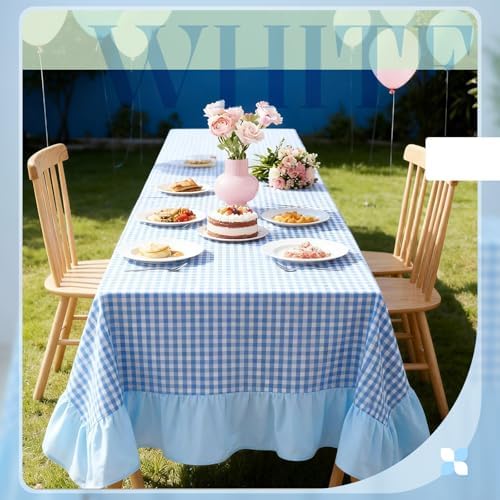 Moukeren 120"x60" Ruffled Tablecloth Table Cover, Blue and White, Gingham - Image 3