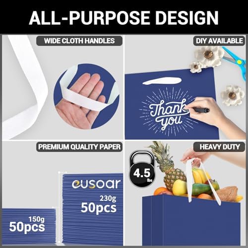 EUSOAR Royal Blue Gift Bags, 50 Pack 8.6x3.9x7 inches Small Kraft Paper Bags with Handles, Heavy Duty Bags for Wedding, Grocery, Boutique, Retail, Business, Party Favors, Baby Showers, Birthdays - Image 3