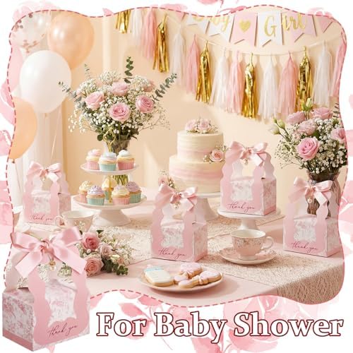 ForraFun 100 Sets Floral Wedding Favor Boxes with Pearl Pendant Bow, Pink - Image 4