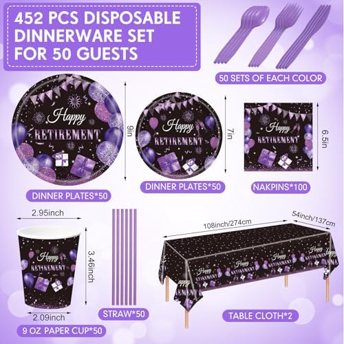 Funnymoom 452 Pcs Retirement Party Decorations Supplies Set Include Purple and Black Retirement Paper Plates Napkins Cups Tablecloth Cutlery Straws for Men Women Say Goodbye Party - Image 2