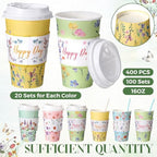 Nuogo 400pcs/100set 16 oz Floral Disposable Coffee Cups with Lids Sleeves Straws Napkins, Spring/Summer Party Tea Wedding Baby Shower Bulk Paper Cups for Hot Cold Drinks - Image 3